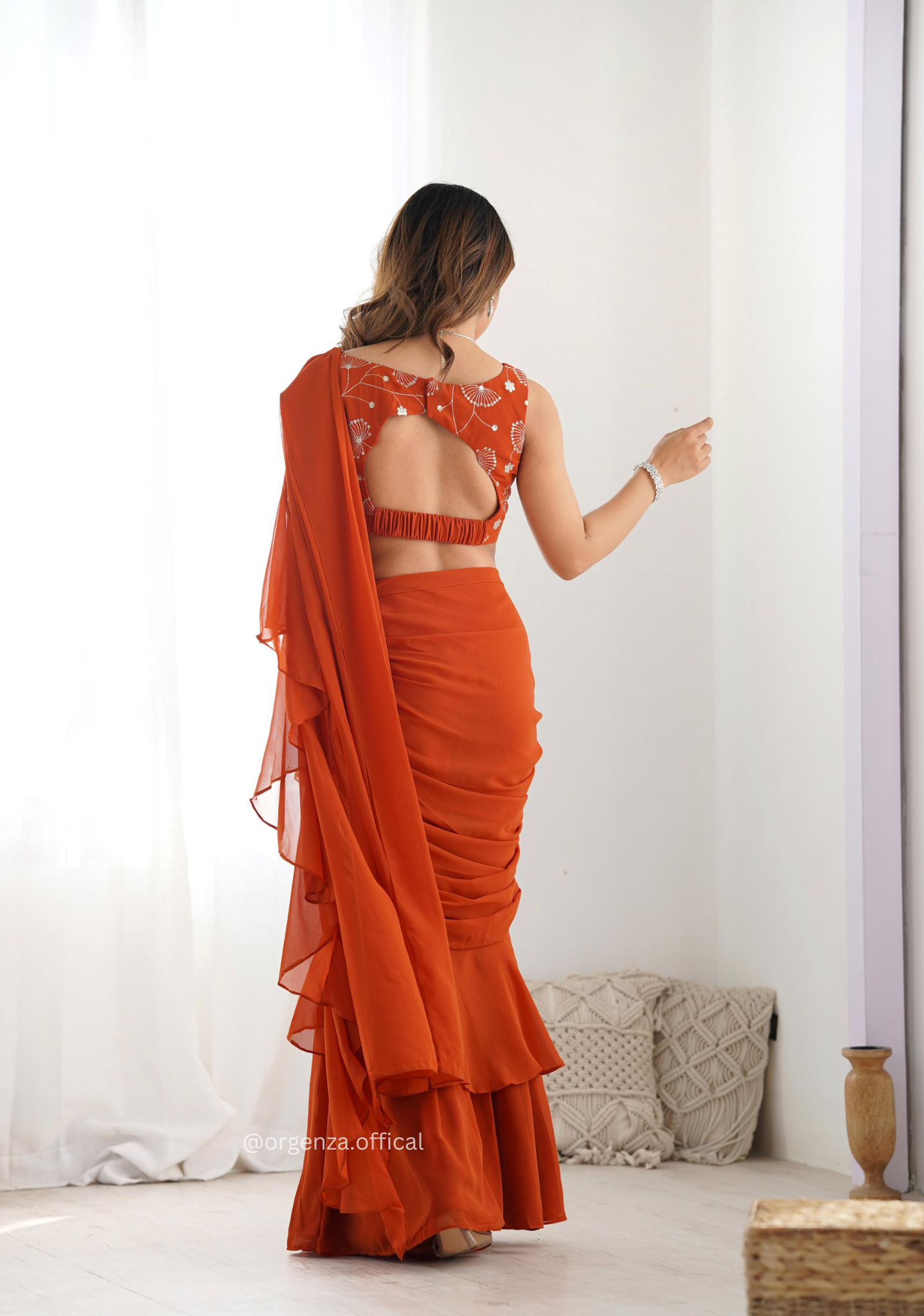 Ready To Wear Rust Colour Sharara Saree - Orgenza Store