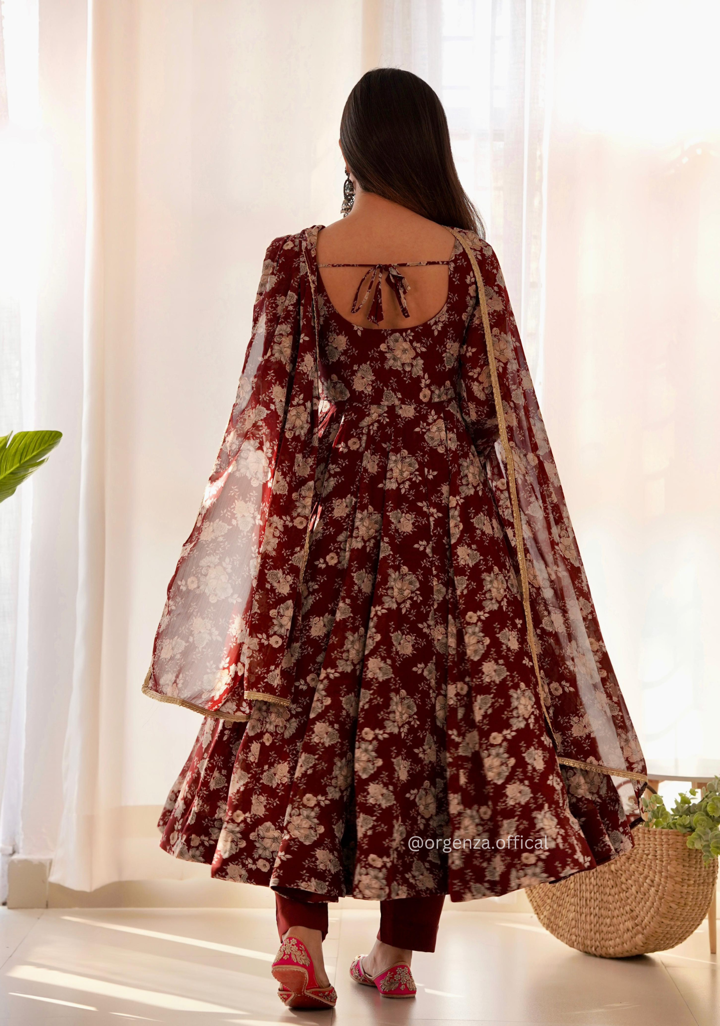 Dark Marron Floral Georgette With Dupatta Set - Orgenza Store