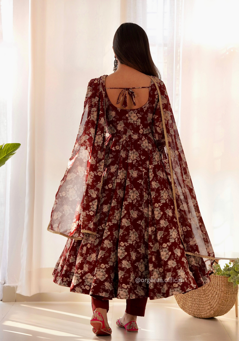 Dark Marron Floral Organza With Dupatta Set