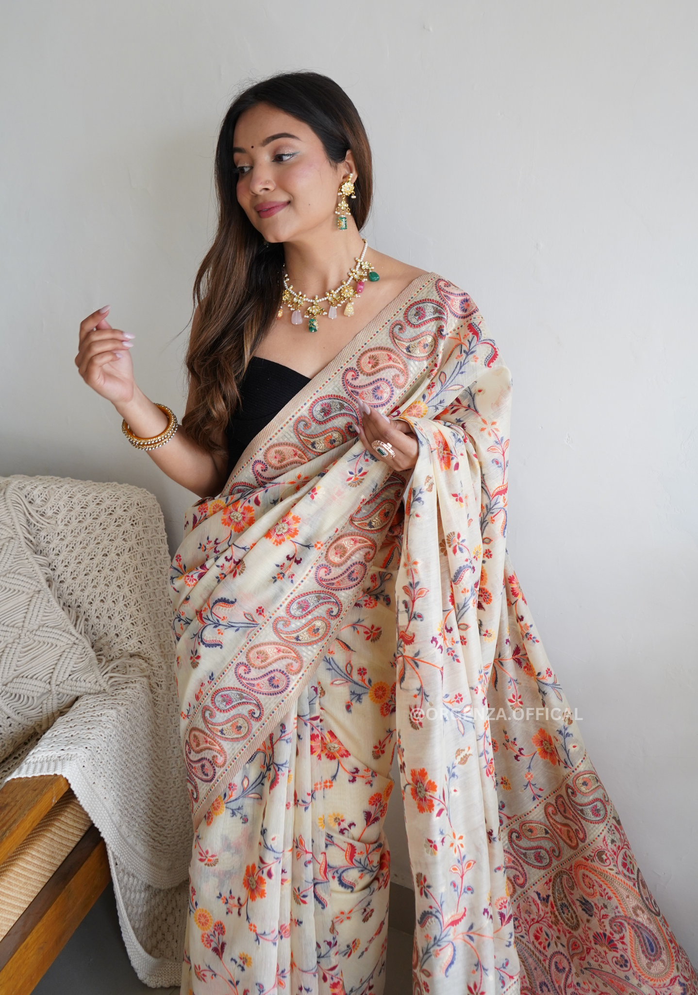 Pure Pashmina Kanchi Weaving Kashmiri Silk Saree - Orgenza Store