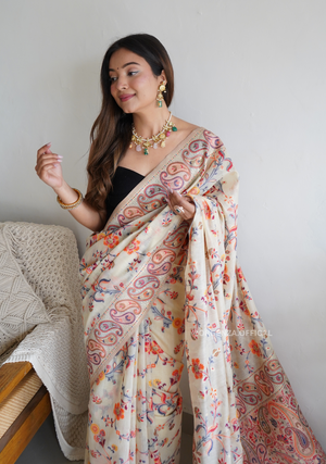 Pure Pashmina Kanchi Weaving Kashmiri Silk Saree - Orgenza Store