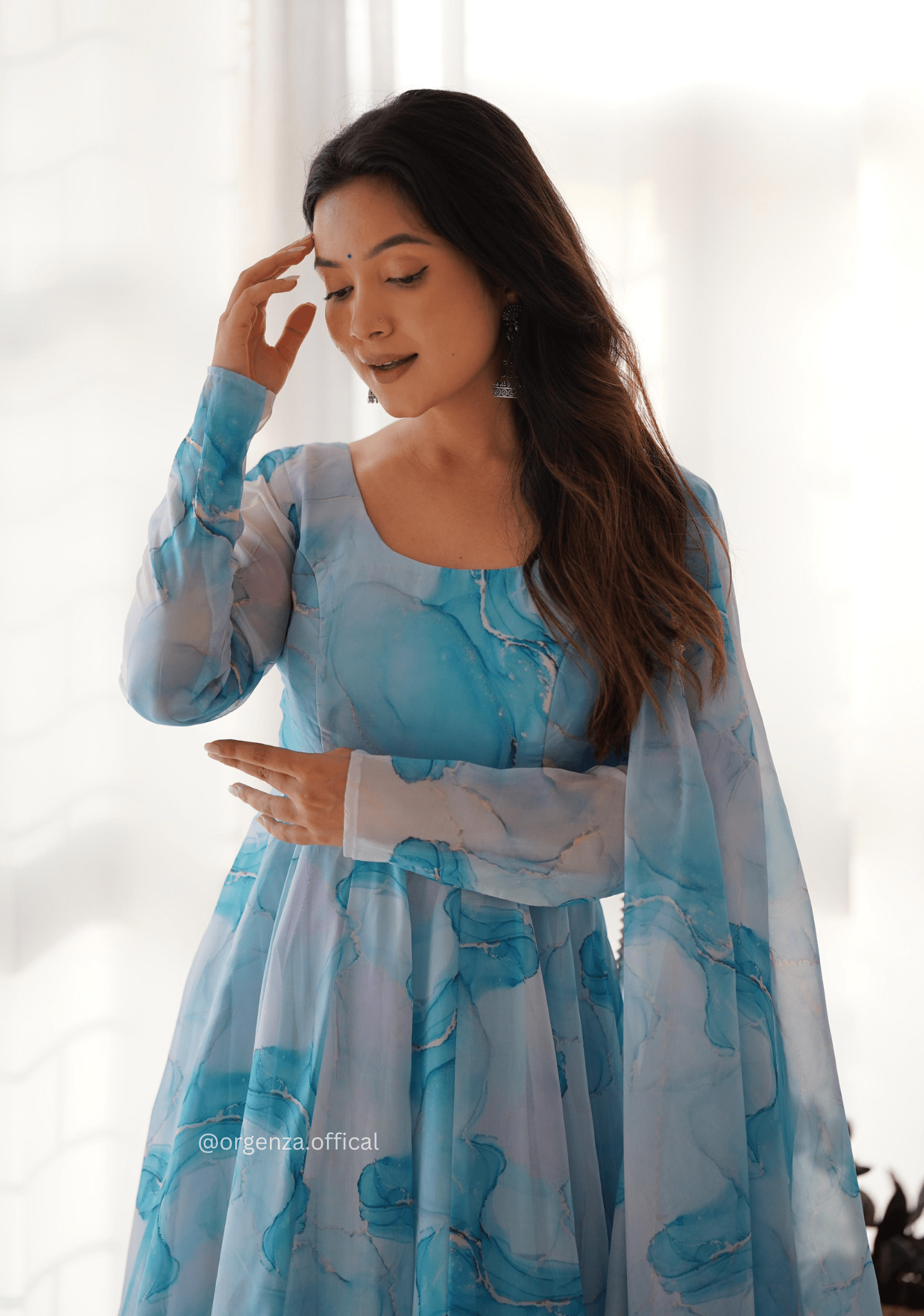 Sky Blue Colour Organza Silk Marble Print Anarkali Kurtis - Orgenza Store