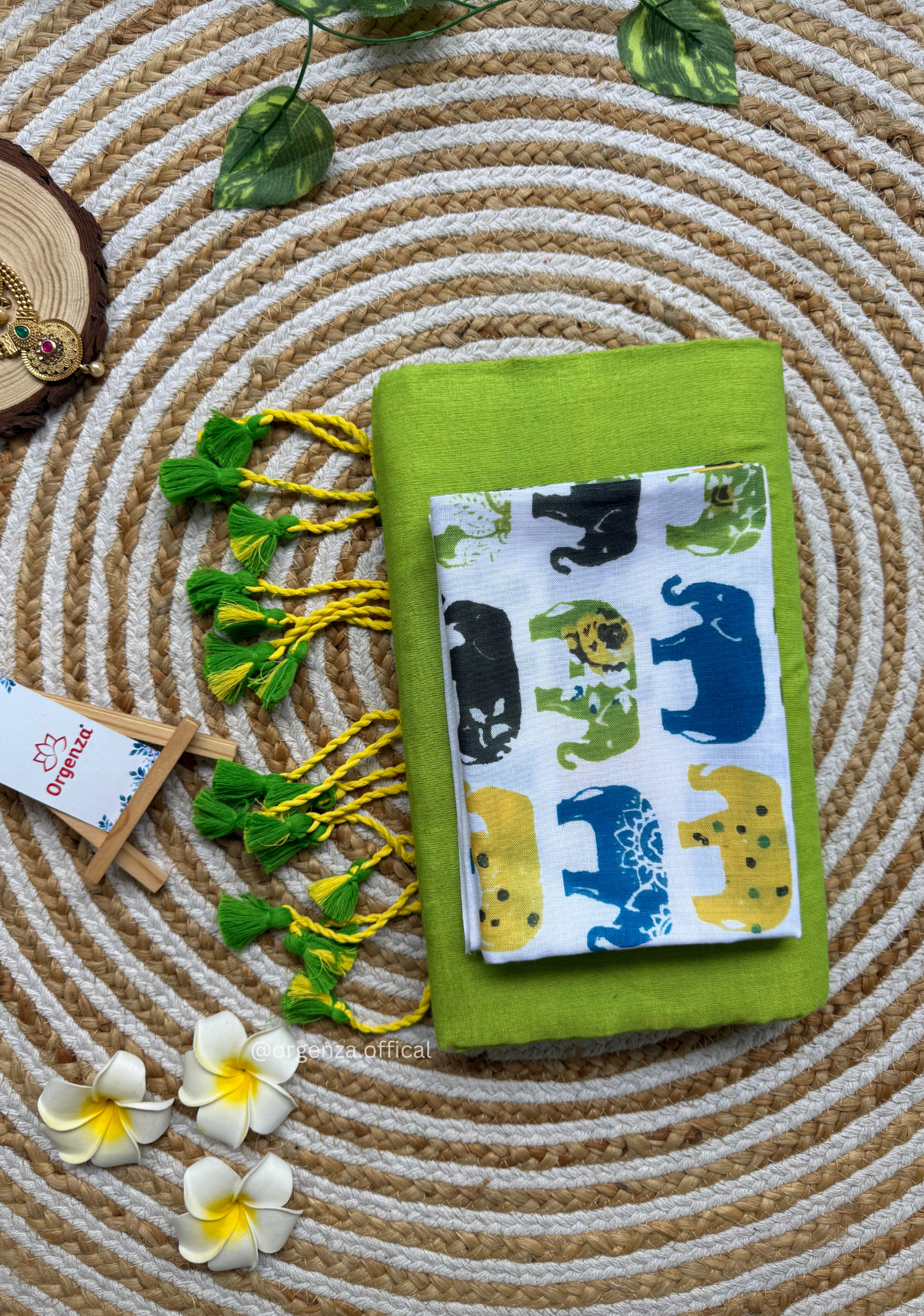 Parrot Green Colour Cotton Saree With Multi Elephant Print Blouse