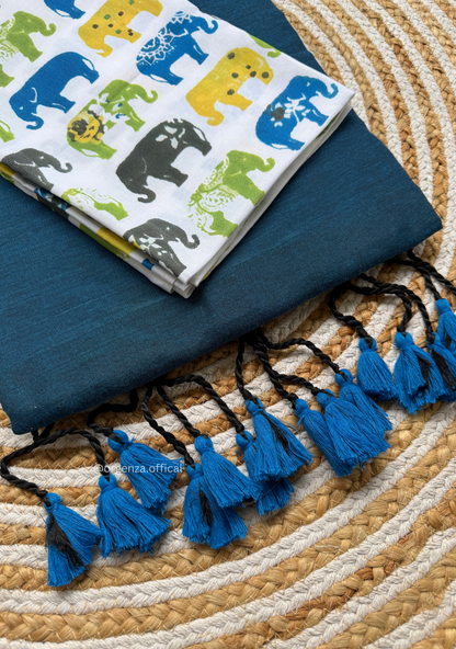 Rama Blue Colour Cotton Saree With Multi Elephant Print Blouse