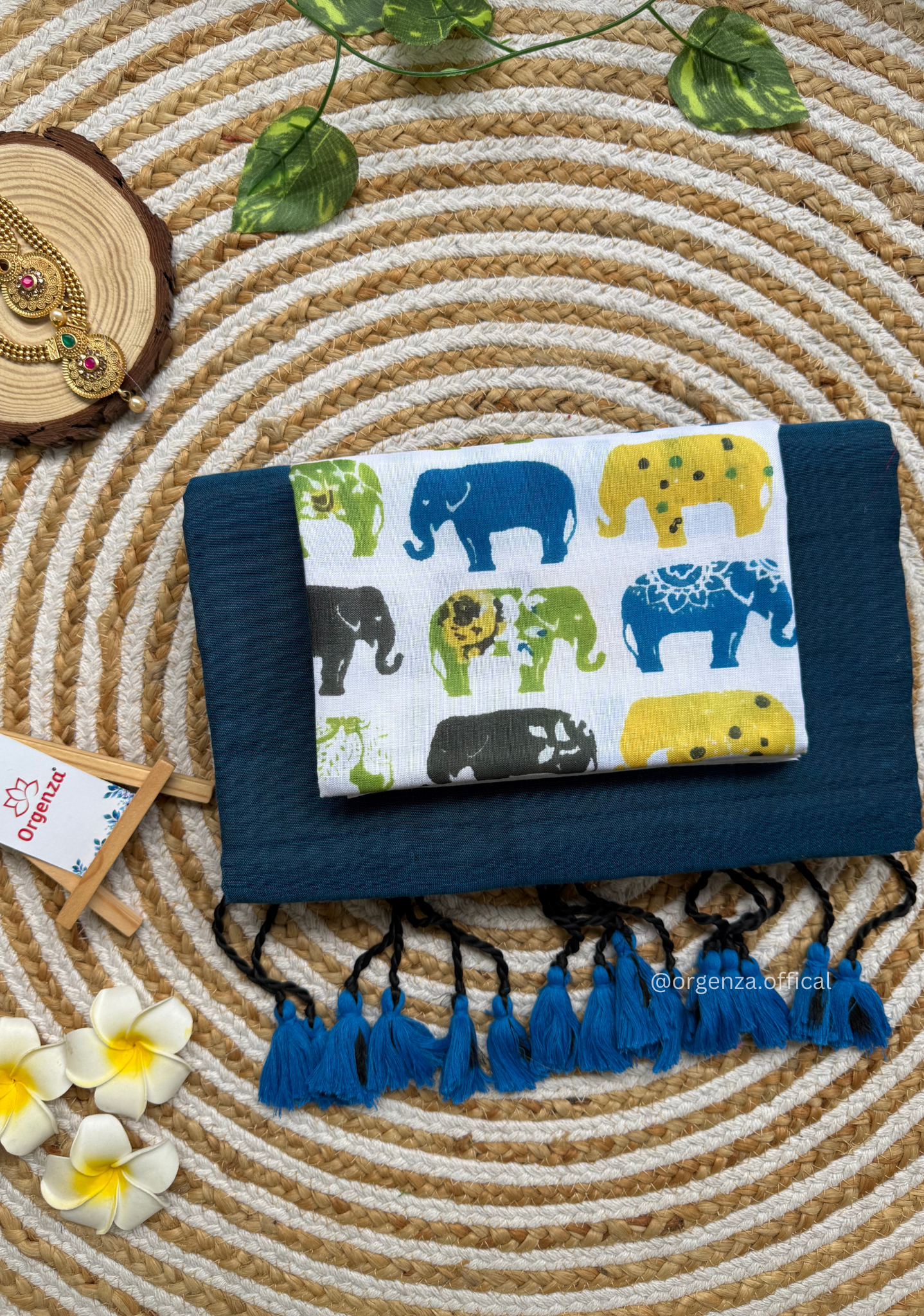 Rama Blue Colour Cotton Saree With Multi Elephant Print Blouse