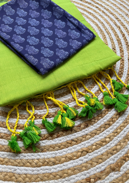 Parrot Green Colour Cotton Saree With Blue Printed Blouse