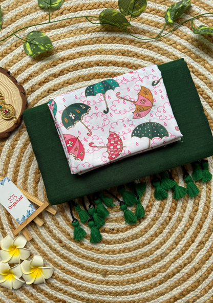 Green Colour Cotton Saree With Umbrella Print Blouse