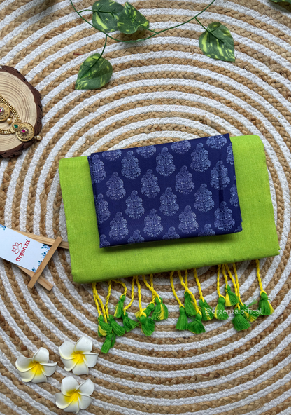 Parrot Green Colour Cotton Saree With Blue Printed Blouse