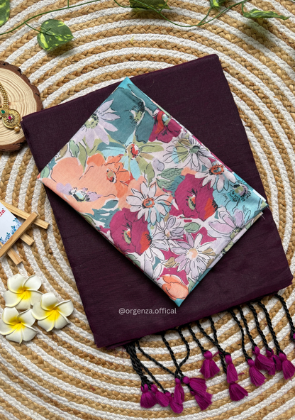 Wine Colour Cotton Saree With Flower Print Blouse