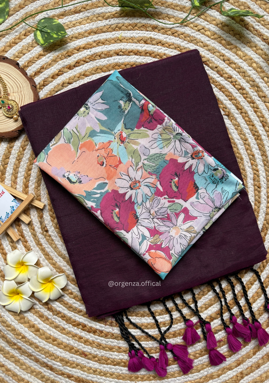 Wine Colour Cotton Saree With Flower Print Blouse