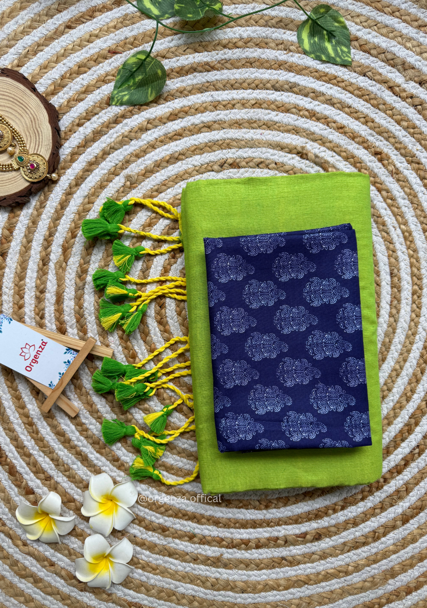 Parrot Green Colour Cotton Saree With Blue Printed Blouse