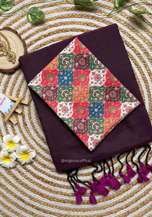 Wine Colour Cotton Saree With Chex Print Blouse
