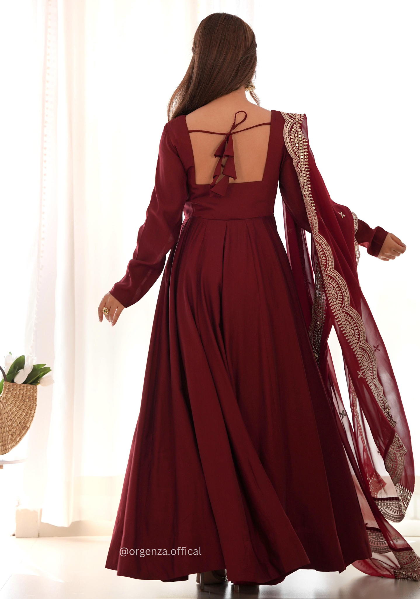 Maroon Colour Roman Silk Chanderi Plain Anarkali Kurti