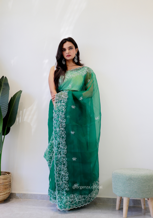 Bottel Green Colour Embroidery Thread Work Saree - Orgenza Store