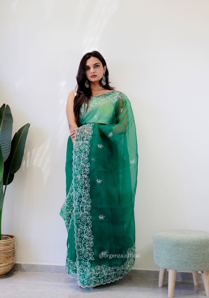 Bottel Green Colour Embroidery Thread Work Saree