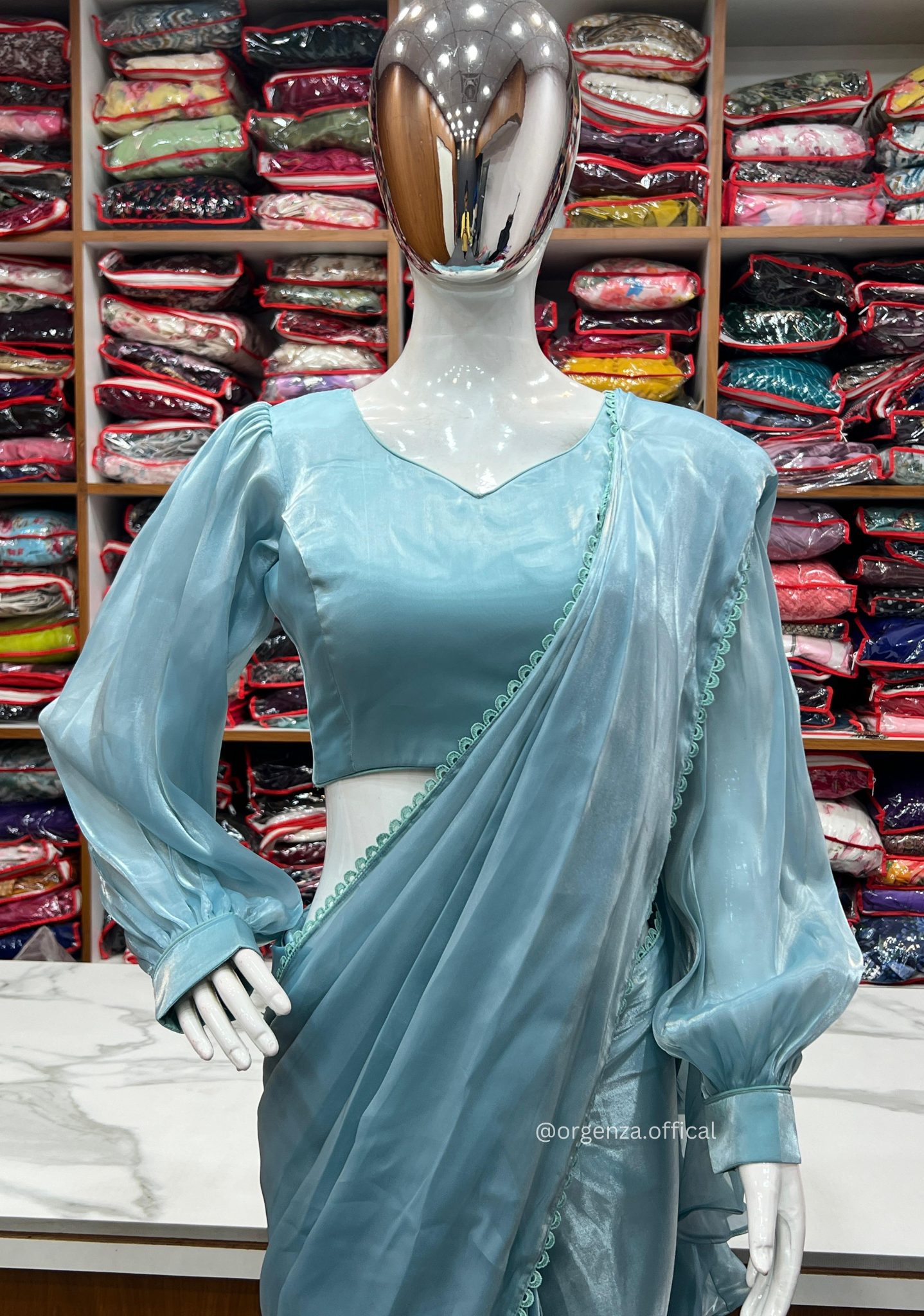 Ready To Wear Sky Colour Jimmy Choo Saree - Orgenza Store