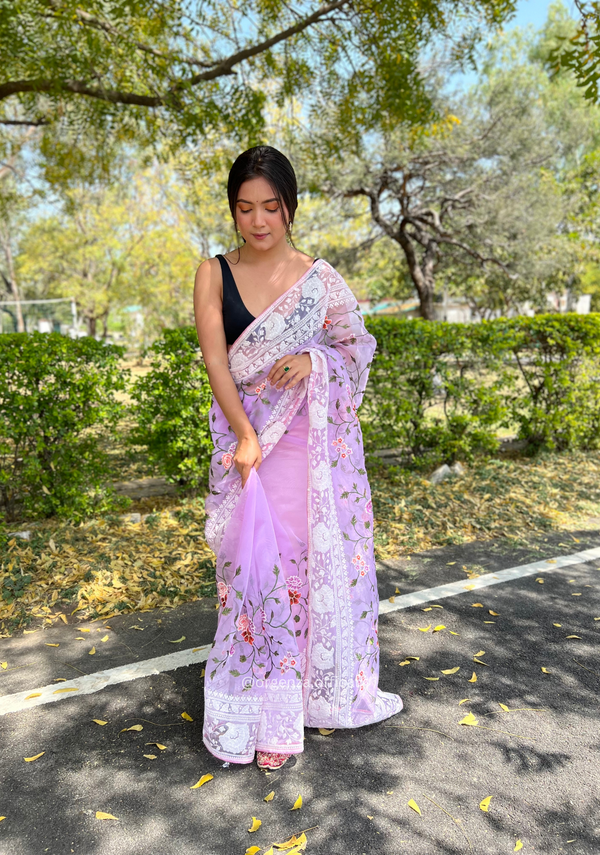 Lavender Color Embroidery Work Pure Organza Silk Saree