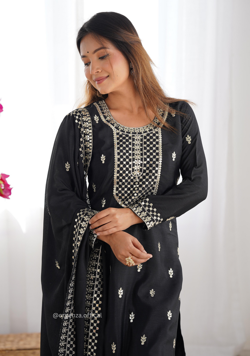 Chinon Silk Fabric Straight Fit Kurta With Dupatta Set