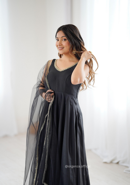 Black Colour Roman Silk Chanderi Plain Anarkali Kurti