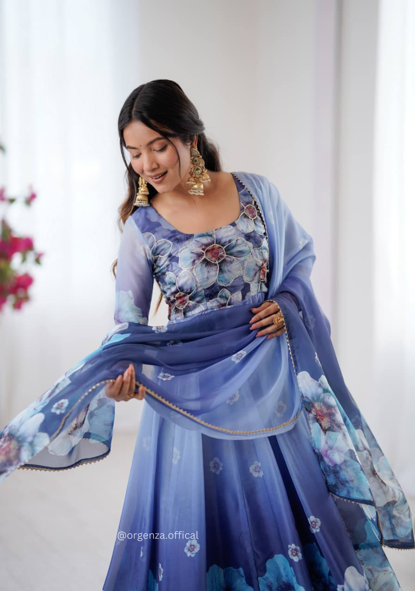 Grey Colour Organza Silk Digital Print Anarkali Kurtis