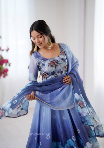 Grey Colour Organza Silk Digital Print Anarkali Kurtis