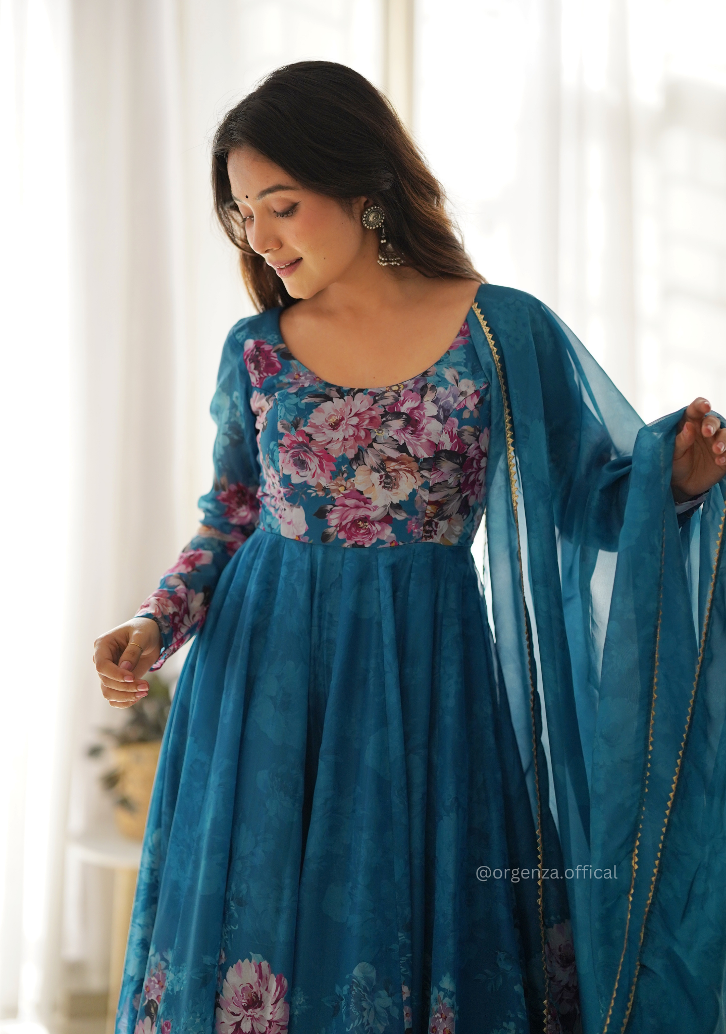 Pure Organza Anarkali Kurtis With Floral Print - Orgenza Store