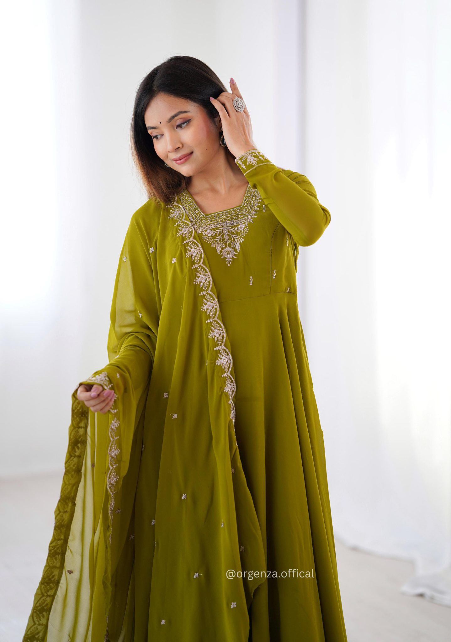 Mehndi Green Georgette Anarkali With Dupatta And Pant - Orgenza Store