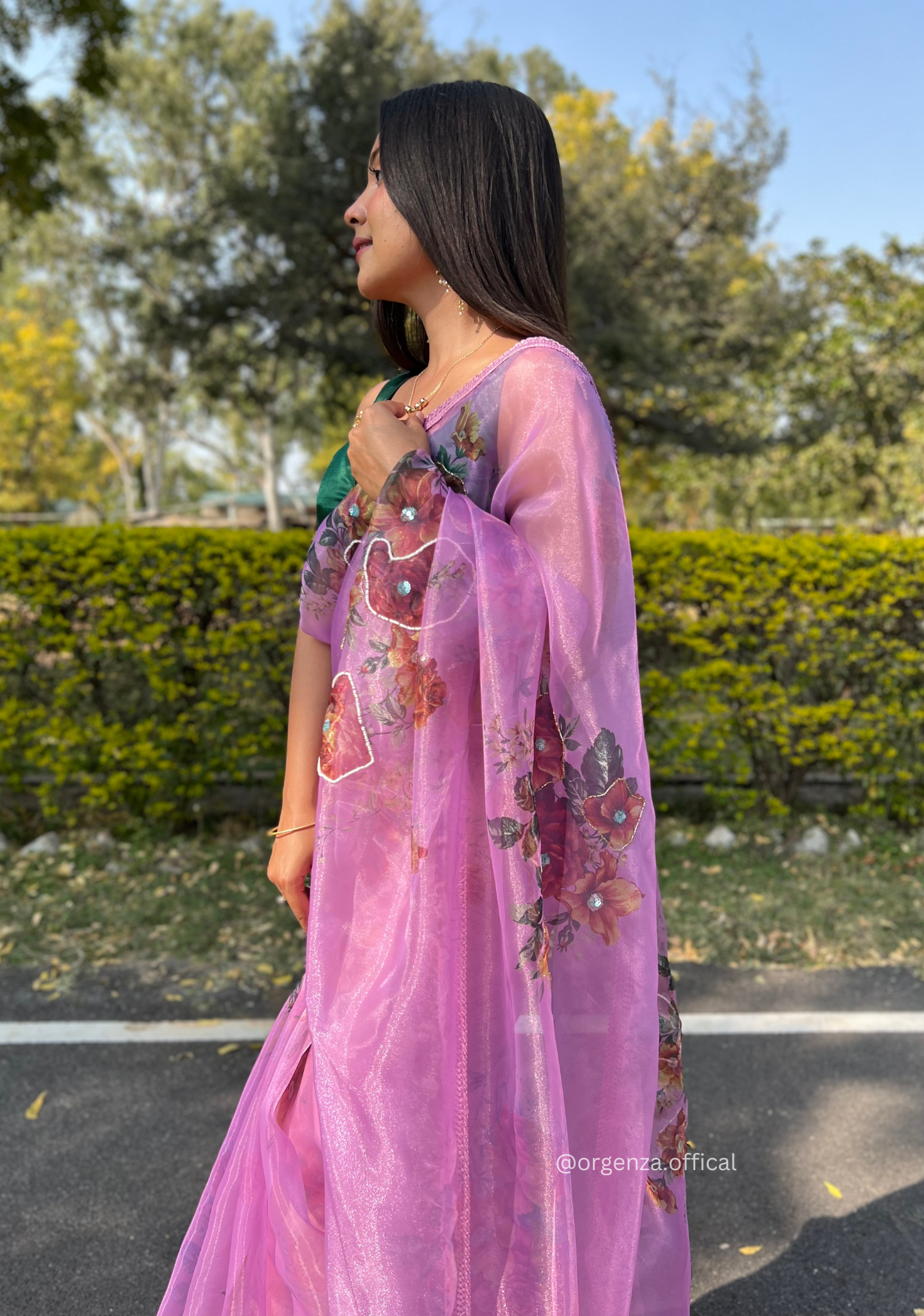 Lavender Colour Organza Saree With Handwork