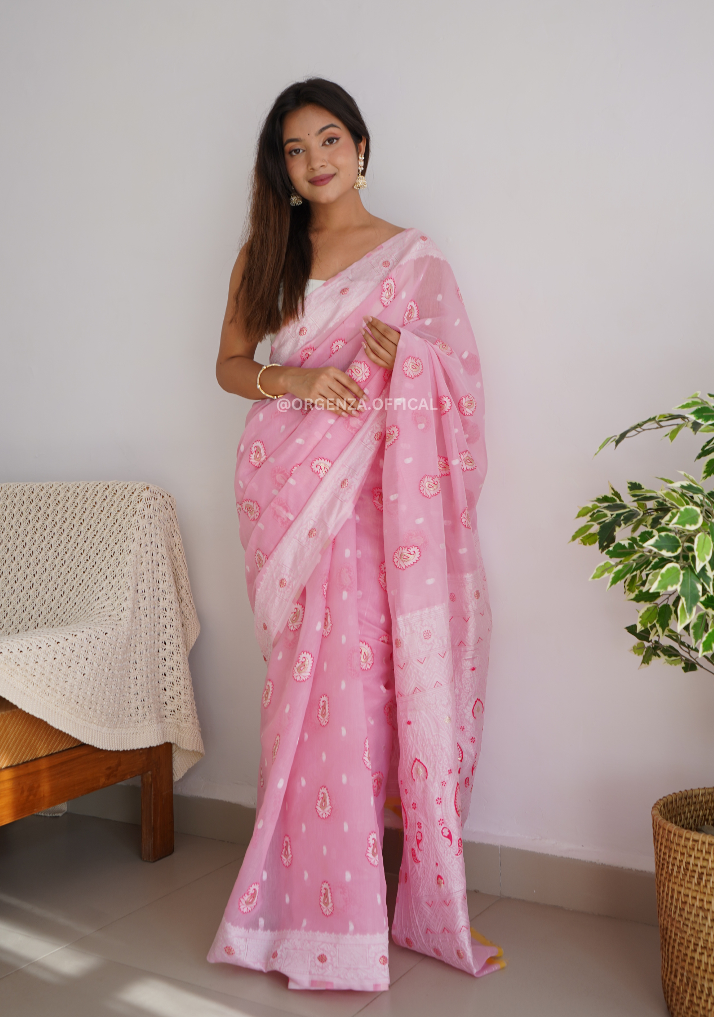 Linen Silk Saree With Badla Weaving - Orgenza Store