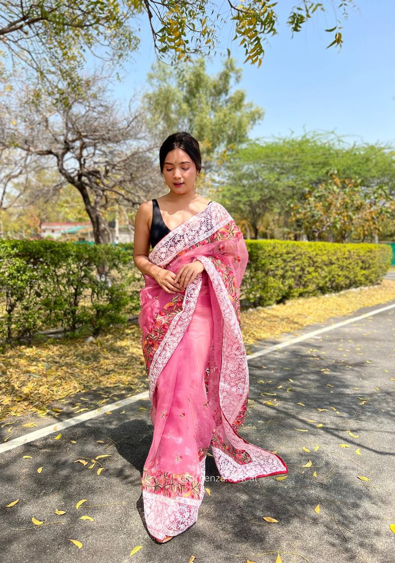 Pink Organza Saree With Chikankari Work