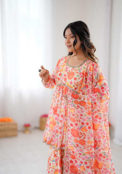 Orange Multi Colour Organza Kediya Type Kurti With Palazzo Set