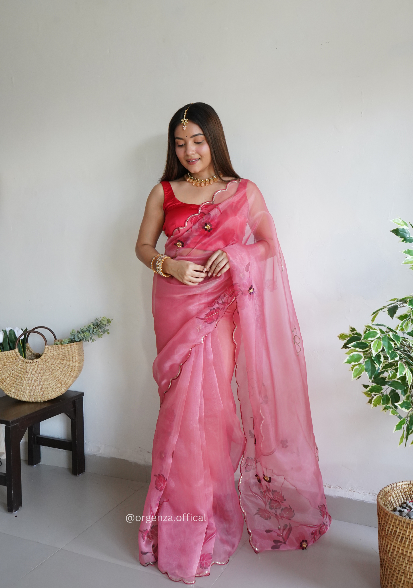 Pink Colour Organza Saree With Handwork