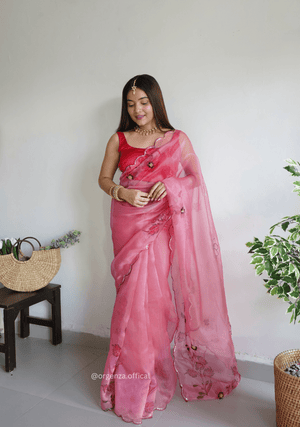 Pink Colour Organza Saree With Handwork - Orgenza Store - digisoch