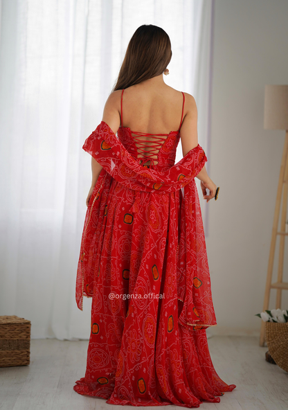 Soft Chiffon Bandhej 8-Meter Flare Gown Set – Fully Stitched