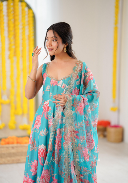 Rama Blue Colour Muslin Floral Print Anarkali Kurtis