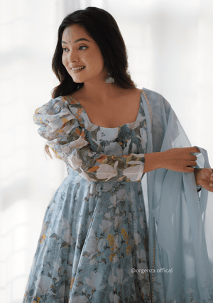 Floral Print Organza Anarkali With Dupatta And Pant - Orgenza Store - digisoch
