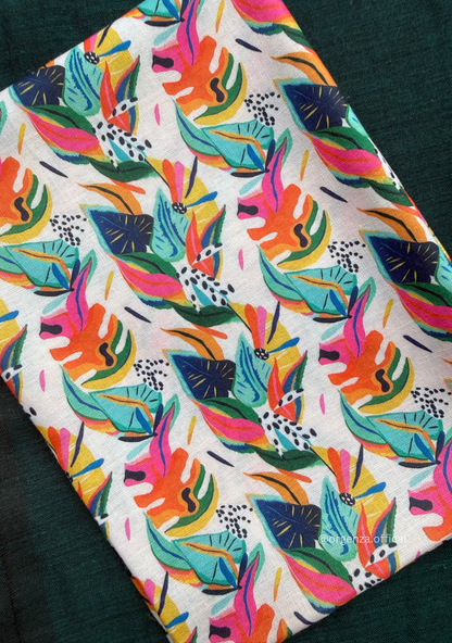 Rama Green Colour Cotton Saree With Multi Print Blouse