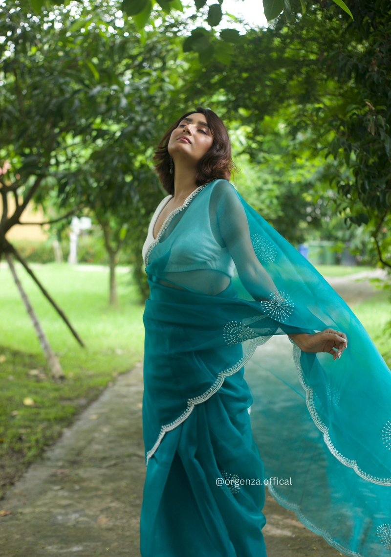 C Green Colour Organza Saree With Hand Work