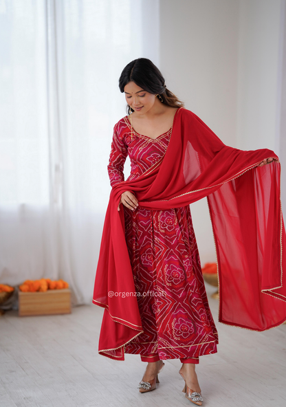 Pure Rayon Bandhani Gown Set with Dupatta & Pant | Women’s Party Wear