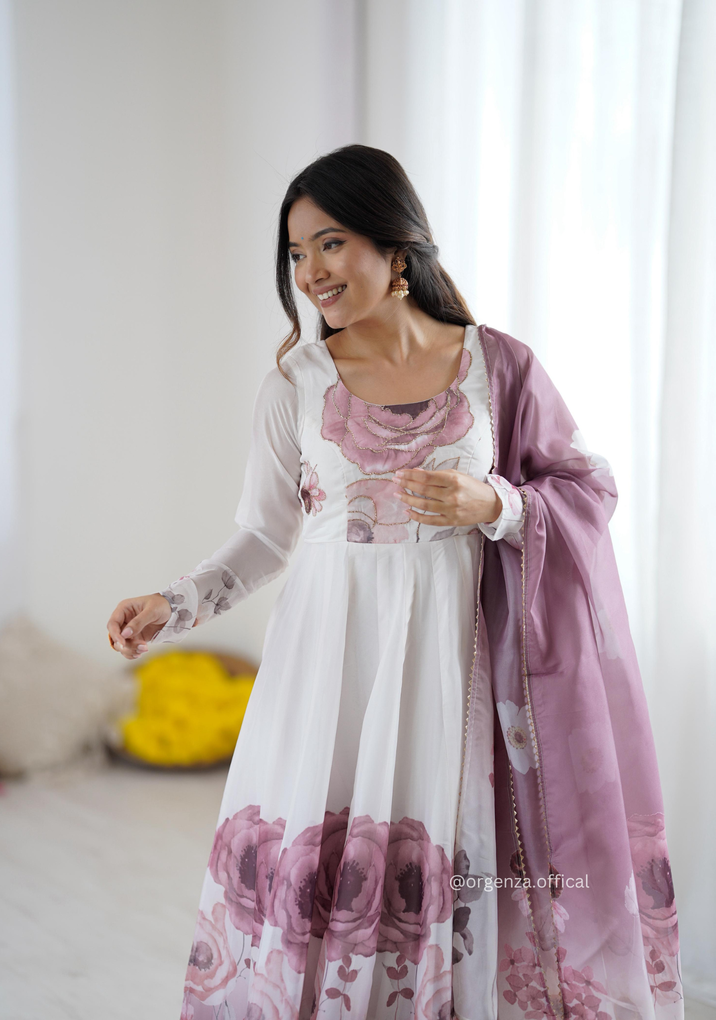 Onion Pink Colour Organza Anarkali Kurti Set