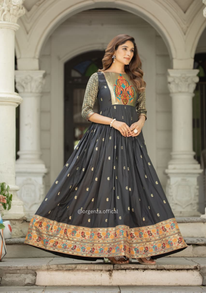 Designer Soft Silk Zari Work Flared Gown for Women