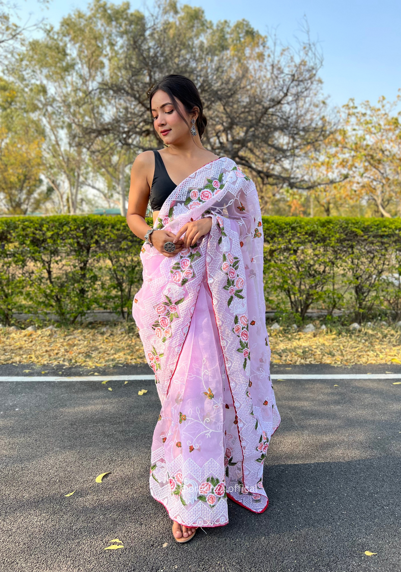 Lavender Colour Organza Saree With Kashmiri Thread Work