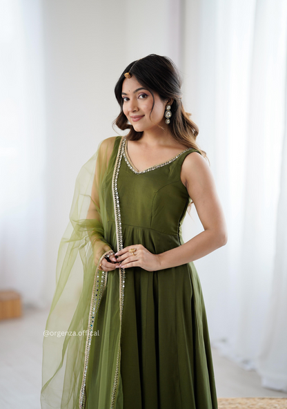 Green Colour Roman Silk Chanderi Anarkali Kurti