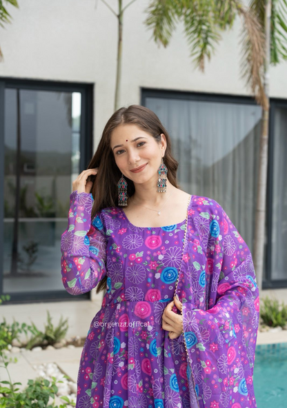 Purple Colour Pure Organza Silk Floral Anarkali Kurtis