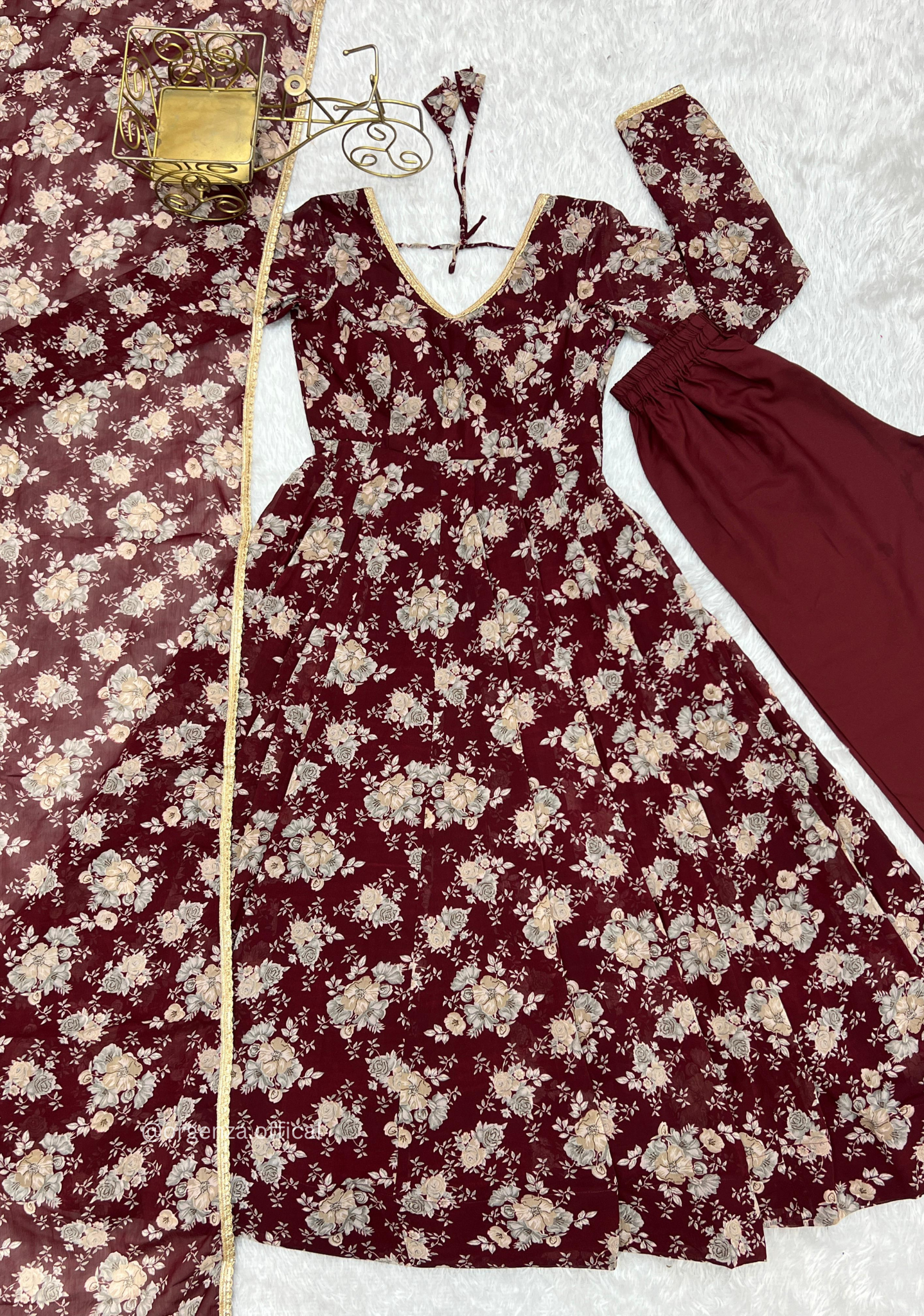 Dark Marron Floral Georgette With Dupatta Set - Orgenza Store
