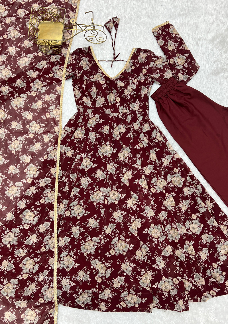 Dark Marron Floral Organza With Dupatta Set