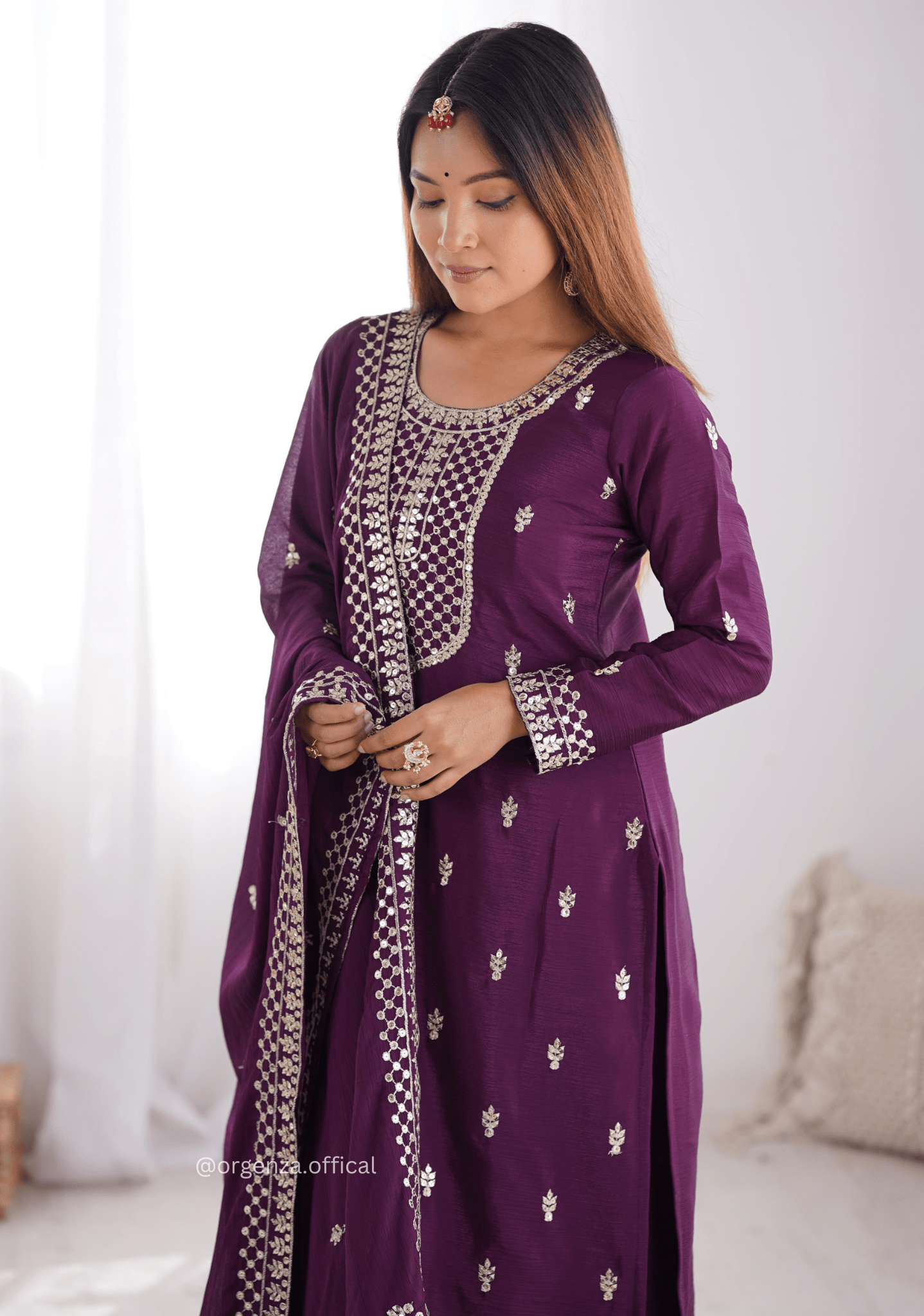 Chinon Silk Fabric Straight Fit Kurta With Dupatta Set - Orgenza Store - digisoch