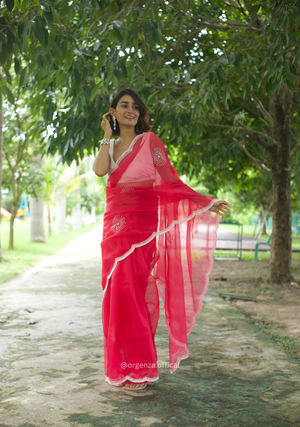 Red Colour Organza Saree With Hand Work - Orgenza Store - digisoch