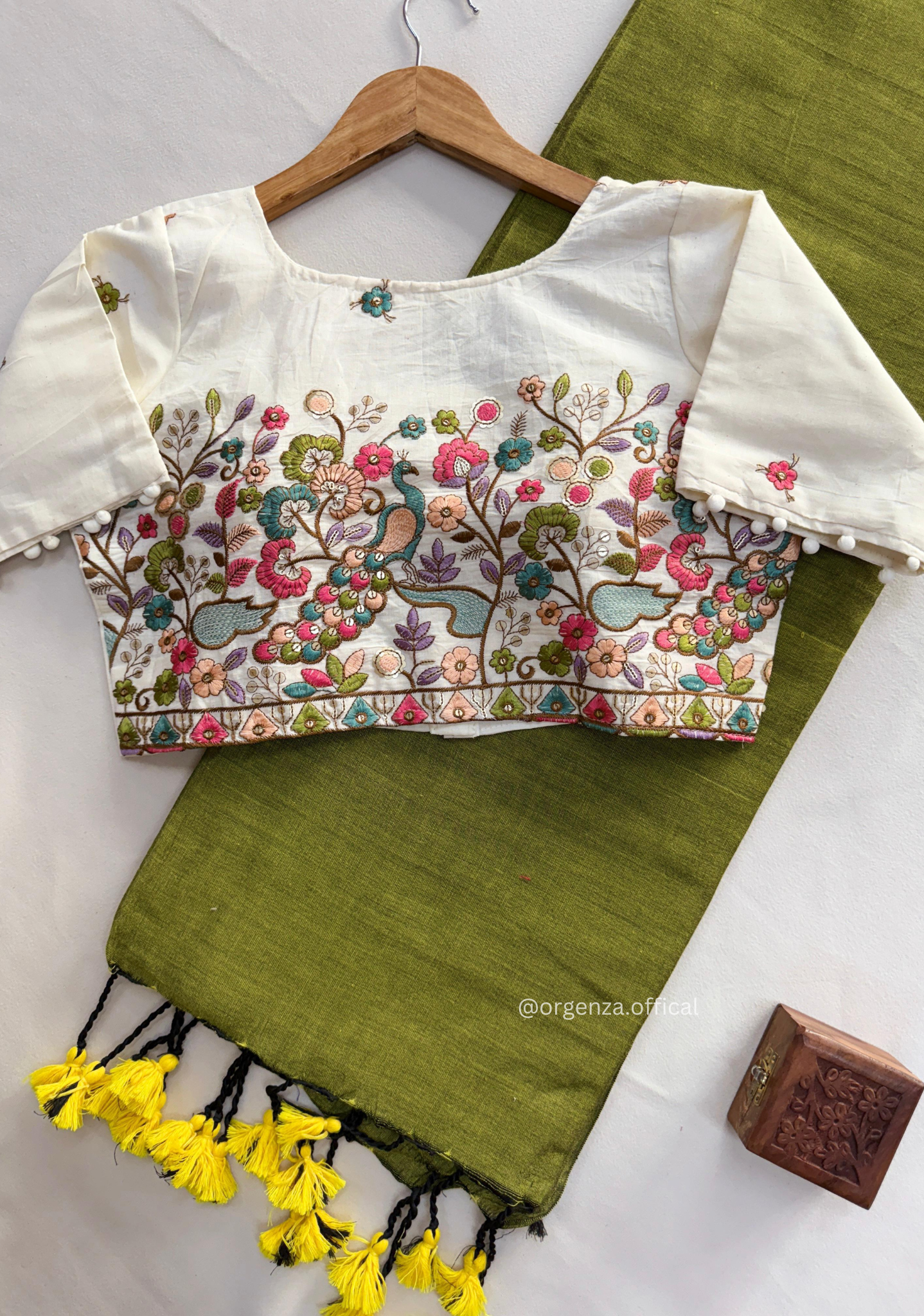 Green Handloom Cotton Saree With Tassels