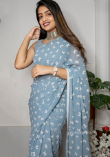 Light Pacific Blue Georgette Saree With Print